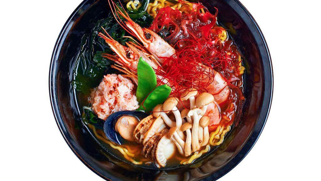 Seafood Deluxe Ramen · Jumbo shrimp, scallop, mussels, squid, fish cake, boiled egg, green bean, scallion, bean sprout, fried onion, nori seaweed and bamboo shoot.