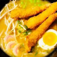 Shrimp Tempura Ramen · Shrimp tempura, fish cake, boiled egg, green bean, scallion, bean sprout, fried onion, nori ...