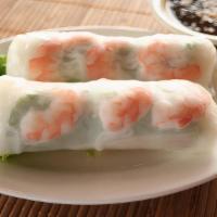 Vietnamese Spring Rolls (2) · Fresh rice paper rolls filled with shrimp, pork, lettuce, cucumbers, cilantro, and vermicell...