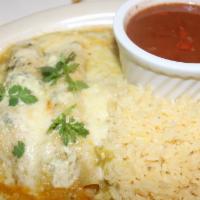Suisas Enchiladas · Spicy. Shredded chicken, cilantro sauce, jalapeño, green tomatillo cilantro, and white chees...