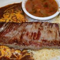 Tampiqueño · Two cheese enchiladas (or with any enchiladas) flank steak . Rice and beans.