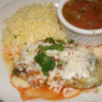 Chile Relleno Plate · One chile poblano with cheese, or ground beef, rice and beans.