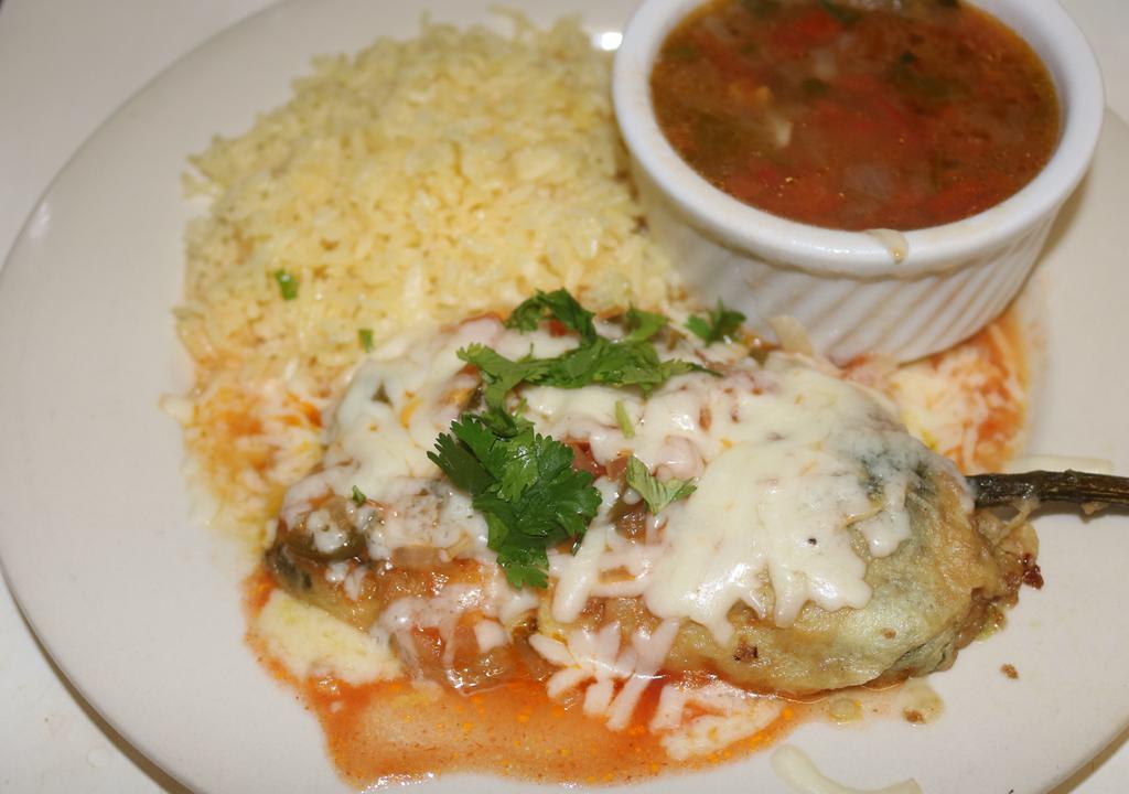 Chile Relleno Plate · One chile poblano with cheese, or ground beef, rice and beans.