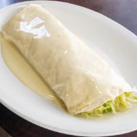 Burrito California · A large flour tortilla filled with grilled chicken or steak, rice, beans, sour cream, tomato...
