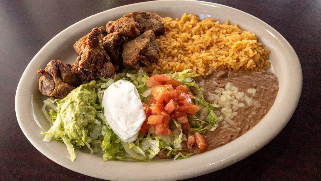 Carnitas · Slowly cooked pork tips. Served with rice, beans, lettuce, tomato, jalapeno pepper and tortillas