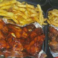 Wing Plates With Fries · smoked wing , sweet heat,lemn pepper, bbq, plain are your options
