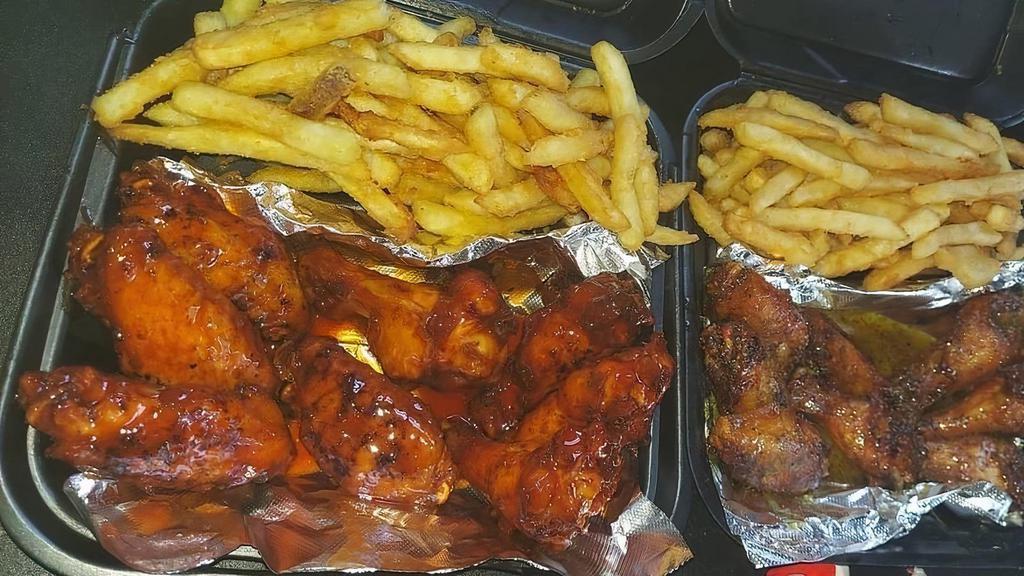 Wing Plates With Fries · smoked wing , sweet heat,lemn pepper, bbq, plain are your options
