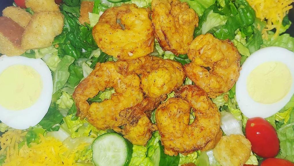 Fried Shrimp Salad · Shrimps, lettuce, tomato, cucumber, croutons, cheddar cheese
