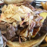 Smokehouse Burger · Our half-pound hamburger topped with your choice of smoked meat (bologna, brisket, pork, sau...