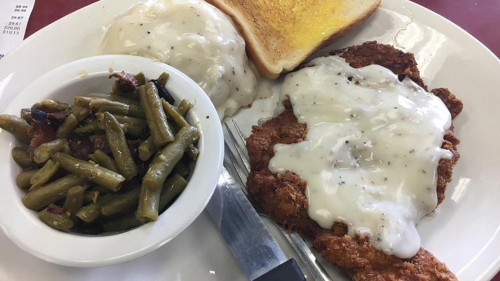 Country Fried Pork Platter · Freshly breaded and deep fried pork, top it with some homemade country gravy at no charge, along with two sides of your choice and Texas toast.