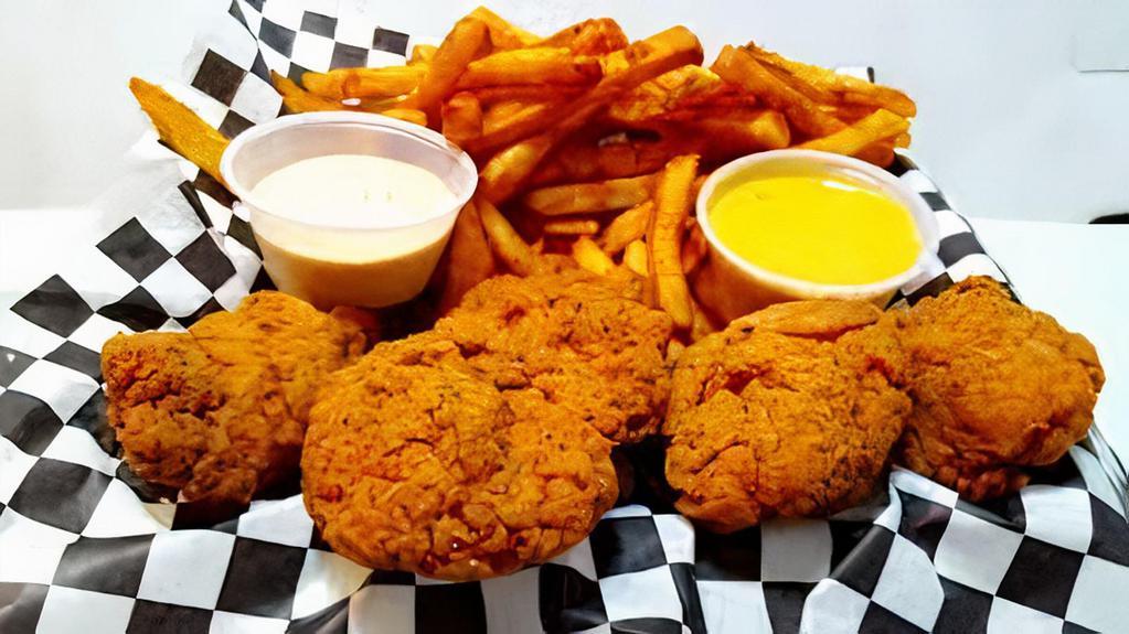 Chicken Strip Combo · 4-strips combo of our classic tenders! fresh cut and battered, fried to a golden crisp! served with honey Dijon mustard or BBQ sauce.