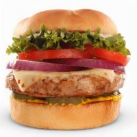 Turkey Burger Deluxe · A yummy all-white-meat turkey burger topped with Turkey Baccon, melted Swiss cheese, fresh l...