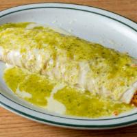 Burrito Mexicano · Big rolled flour tortilla filled with rice, beans, lettuce, guacamole, pico de gallo and gre...