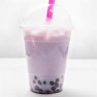 Taro Bubble Tea · A tea based non dairy milk drink and served over ice with tapioca chewy pearls.