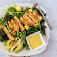 Mango Avocado Chicken Salad · Sliced mangos, avocado and grilled chicken on a bed of spring mix lettuce topped with onion ...