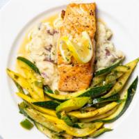 Lemon Pepper Salmon · Fresh six ounce salmon filet, grilled to perfection, served with garlic mashed potatoes and ...