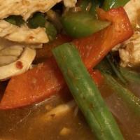 L-Spicy Basil Leaves  · Chicken sauteed with garlic, bell peppers, green beans, and basil leaves in a spicy Thai sau...