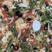 Veggie Supreme Pizza · Comes with Spinach, Roma tomatoes, mushrooms, onions, black olives and green peppers.