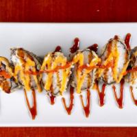 Volcano Roll · Hot. Deep fried sashimi & crab meat. Sauce: eel sauce, spicy mayo, chili sauce.