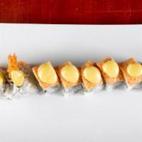 Hawaii Roll · Hot. Shrimp tempura, mango, topped with spicy crabmeat, sauce: honey and citrus sauce.