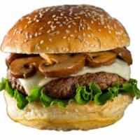 Mushroom Swiss Burger · Half pound sirloin beef burger layered in grilled mushrooms, onions, and cheese.