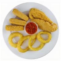 Sampler · Two chicken tenders, three mozzarella sticks, four onion rings, served with honey mustard, m...