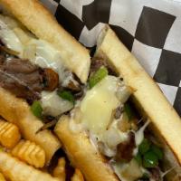 Philly Steak Sandwich · Shaved beef steak topped with cheese, peppers and onions. Add mushrooms for an additional ch...