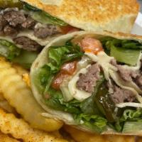 Cheeseburger Wrap · With lettuce, tomato, pickle, and mayo.