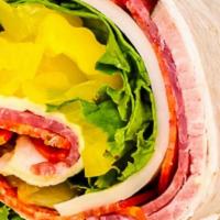 Zesty Italian Wrap · Layers of salami, pepperoni, ham, provolone cheese, banana peppers, lettuce and Italian dres...