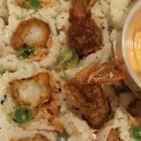Shrimp Kodiak Roll · shrimp kodia / crabmeat / asparagus /soy wrap spicy mayo.