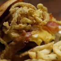 Cheeseburger · Fresh 80/20 ground beef  topped with American cheese,  crispy onion strings, lettuce, tomato...
