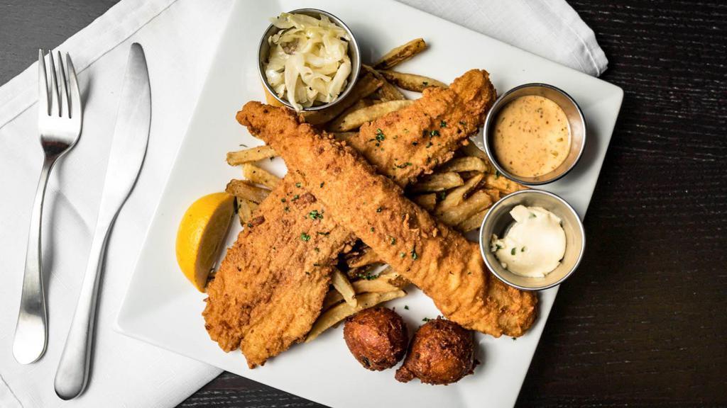 Fish & Chips · Norfolk's Fish and Chips with a southern twist. Lightly breaded and deep-fried catfish, with hand cut fries and hush puppies.