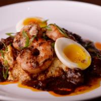 Grilled Shrimp & Old Mill Cheddar Grits · etouffee, heritage farms chorizo, 6 min egg.
