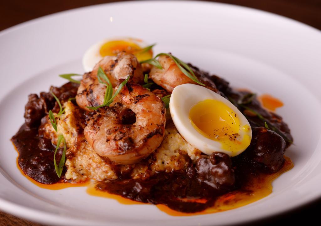 Grilled Shrimp & Old Mill Cheddar Grits · etouffee, heritage farms chorizo, 6 min egg.