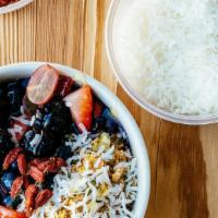 Acai Bowl · Gluten free. Acai, seasonal fruit, almond milk, granola, coconut flakes, goji berries, and a...