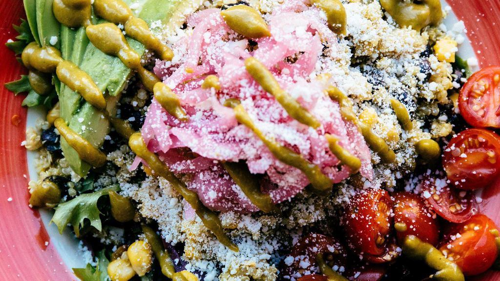 Southwest · Gluten free. Eat fit. Quinoa, avocado, black bean, corn, pickled red onion, queso fresco, cherry tomato, toasted pepita and roasted poblano dressing.