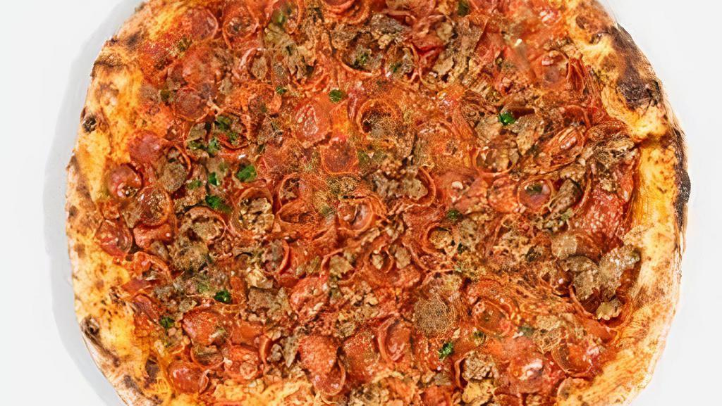 Meat Lovers · Marinara, mozzarella, pepperoni, sausage, and meatballs. That's a freaking good pizza.