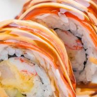 Shaggy Dog Roll · Inside: tempura shrimp and crunchy 
topping: crab stick, masago 
sauce: eel sauce, mayo, hot...