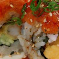 Hawaiian Roll · Inside tempura coconut shrimp, avocado 
topping: tuna , mango
sauce: coconut.