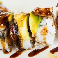 Jazz Roll · Inside: spicy tuna, crunchy , asparagus 
topping: Bbq eel , wasabi tobiko, 
sauce : eel.