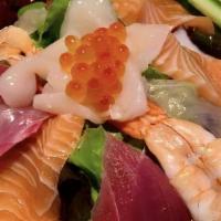 Sashimi Salad · Tuna , salmon , escolar, boil shrimp, crabstick, cucumber, masago served with ponzu sauce.
