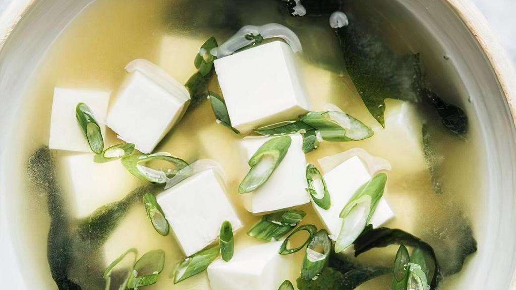 Miso Soup · Soybean soup, tofu, onion, and seaweed.