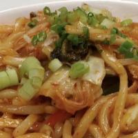 Spicy Kimchi Udon · Spicy. Stir-fry thick Japanese noodles, shrimp, and kimchi vegetables.