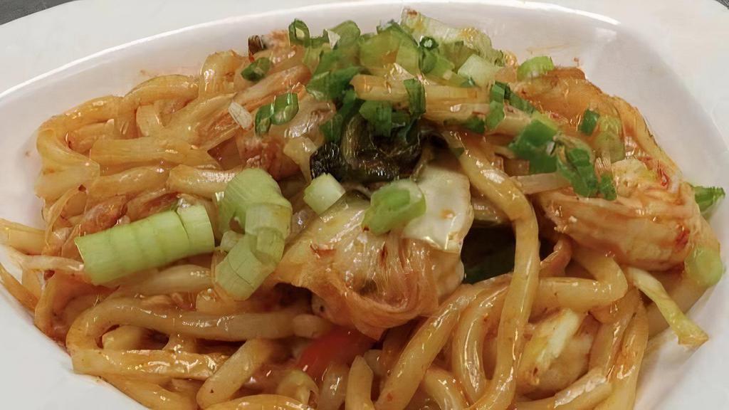 Spicy Kimchi Udon · Spicy. Stir-fry thick Japanese noodles, shrimp, and kimchi vegetables.