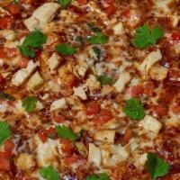 Bbq Chicken Pizza · BBQ Tomato Sauce, marinated chicken, gouda cheese, diced marinated tomatoes, mozzarella, cil...