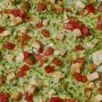 Chicken Pesto Pizza · Homemade basil pesto*, chicken breast, marinated diced tomatoes, mozzarella. *Contains tree ...