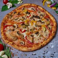 Veggie Pizza · Homemade tomato sauce, mozzarella, mushrooms, bell peppers, red onions, black olives