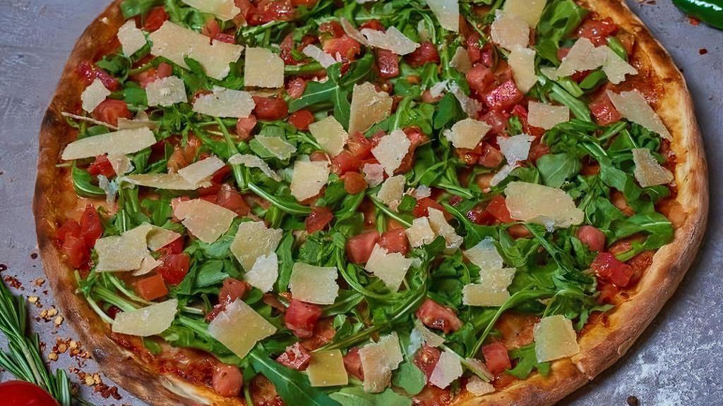 Bruschetta Pizza · Homemade tomato sauce, mozzarella, arugula, diced marinated tomatoes, shaved parmesan