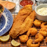 Grady'S Seafood Platter W/Hush Puppies · Can't decide between fish or shrimp? You can enjoy both with this platter featuring eight of...