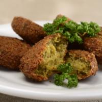 Falafel Appetizer · 5 Crispy chickpeas patties served with hummus, tomato, pepper relish and pepperoncini